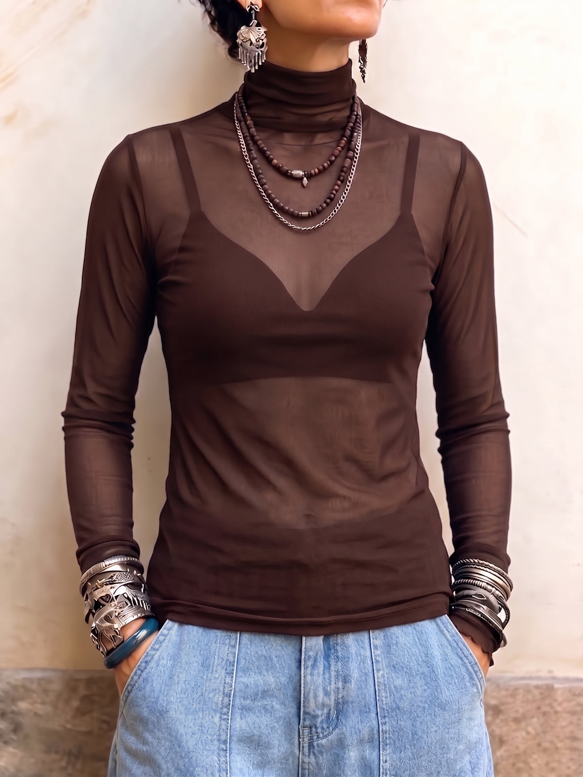 Chic Sheer Mock-Neck Mesh Top
