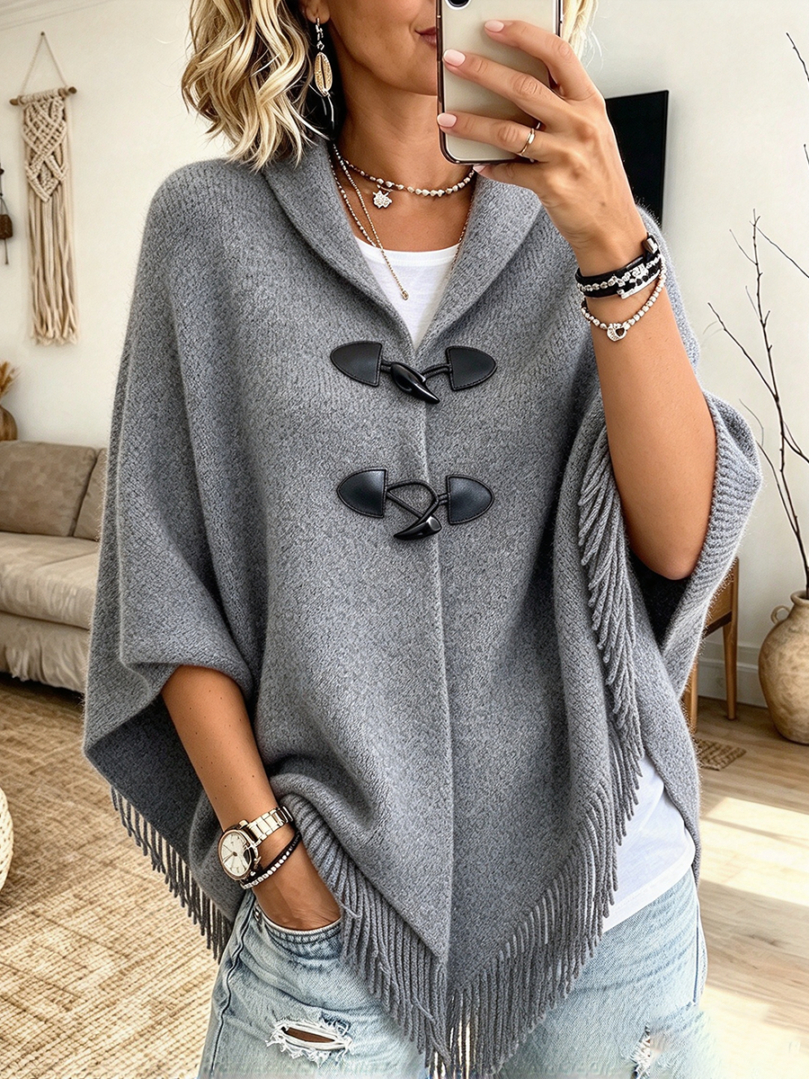 Chic Cozy Fringe Knit Toggle Cape