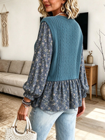 Casual Stylish Blue Floral Patchwork Cable-knit Top