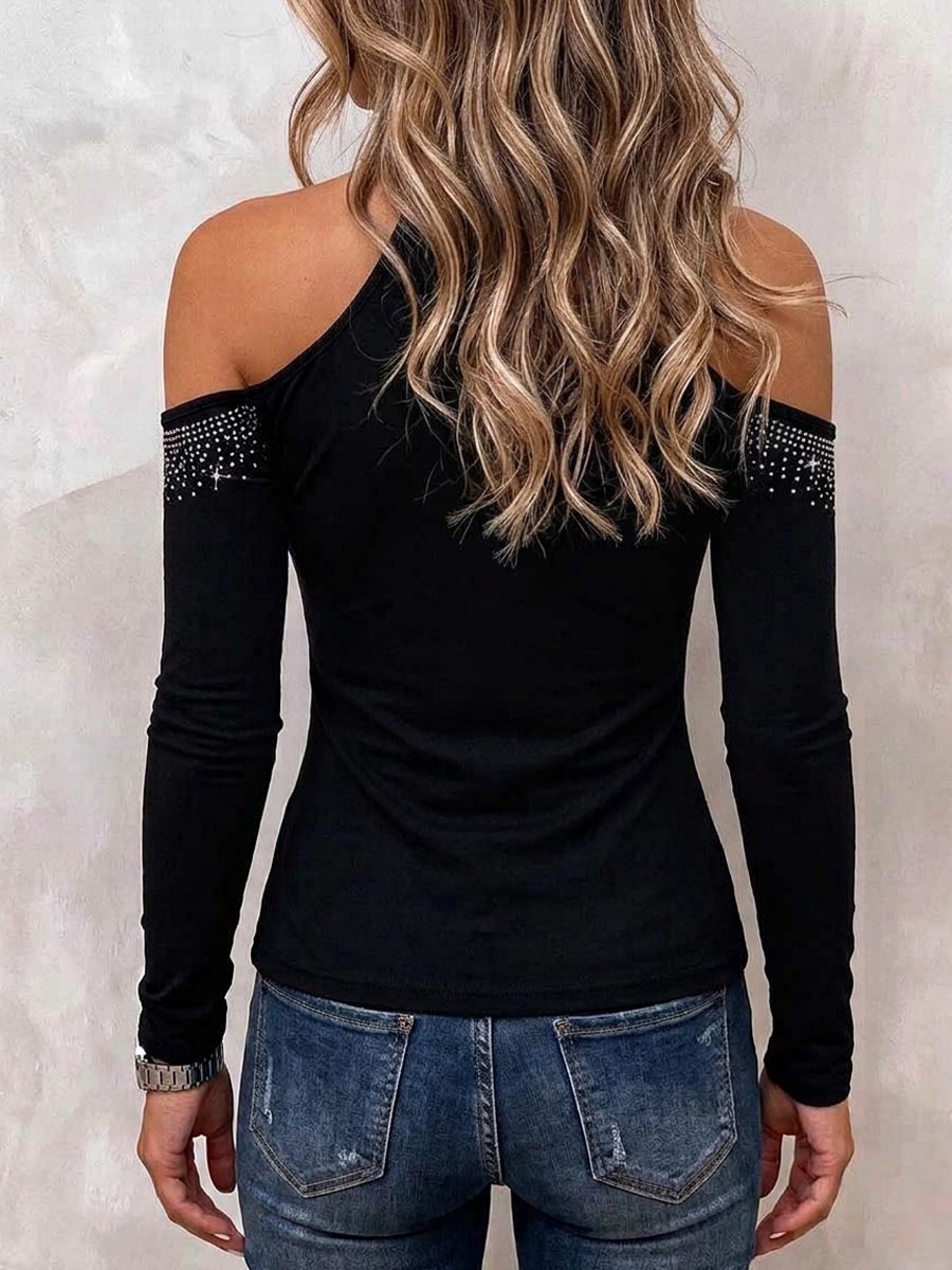 Women's Rhinestone Cold Shoulder Halter Neck Blouse