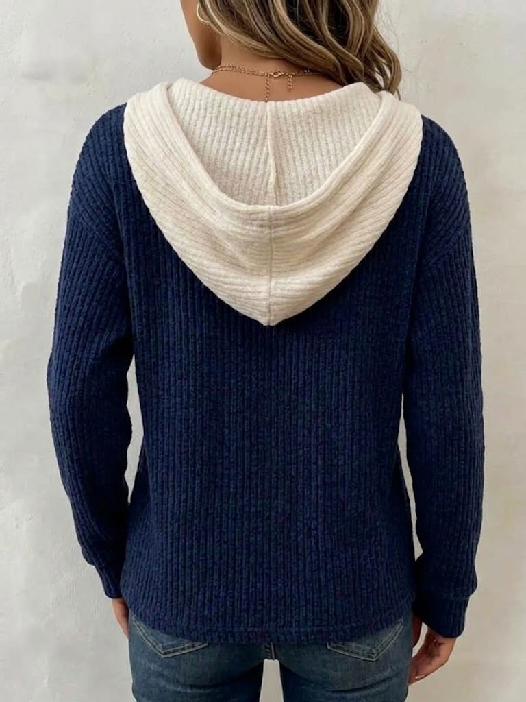 Women's Casual Color-block Hooded Half-button Top