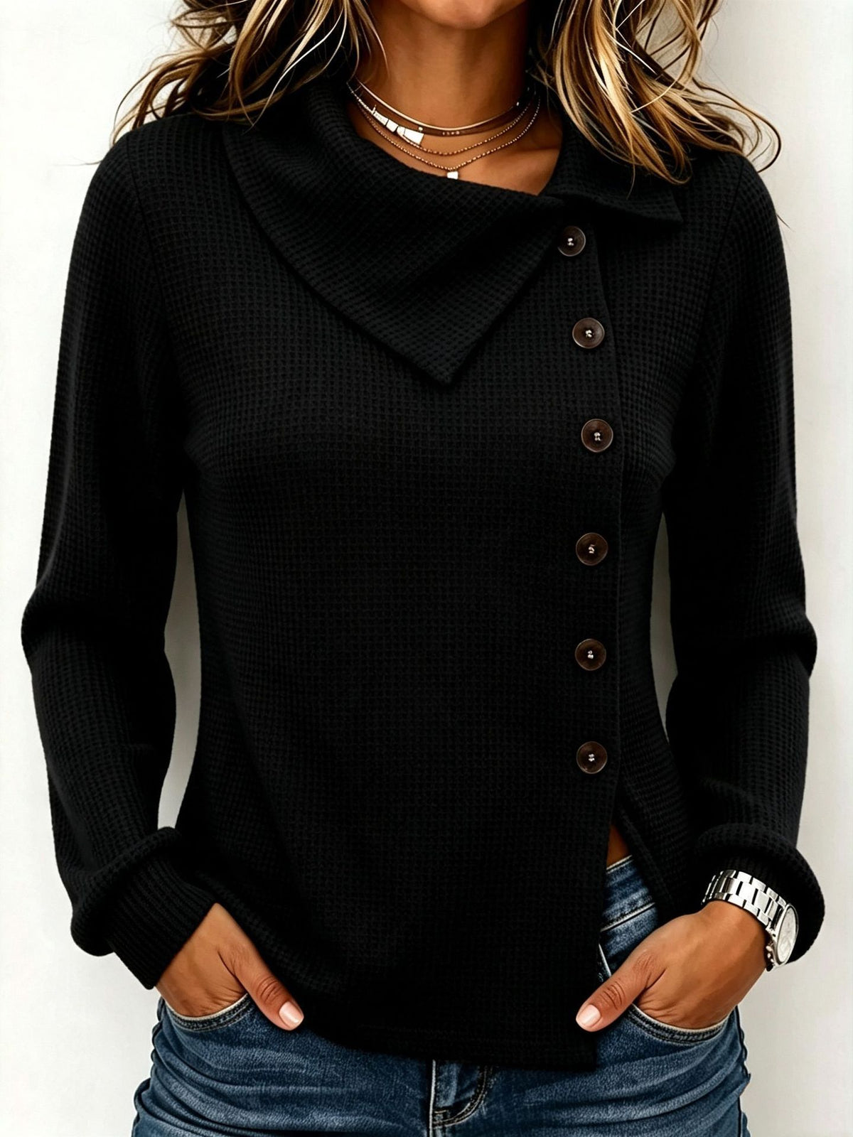 Chic Asymmetric-neck Waffle-knit Top