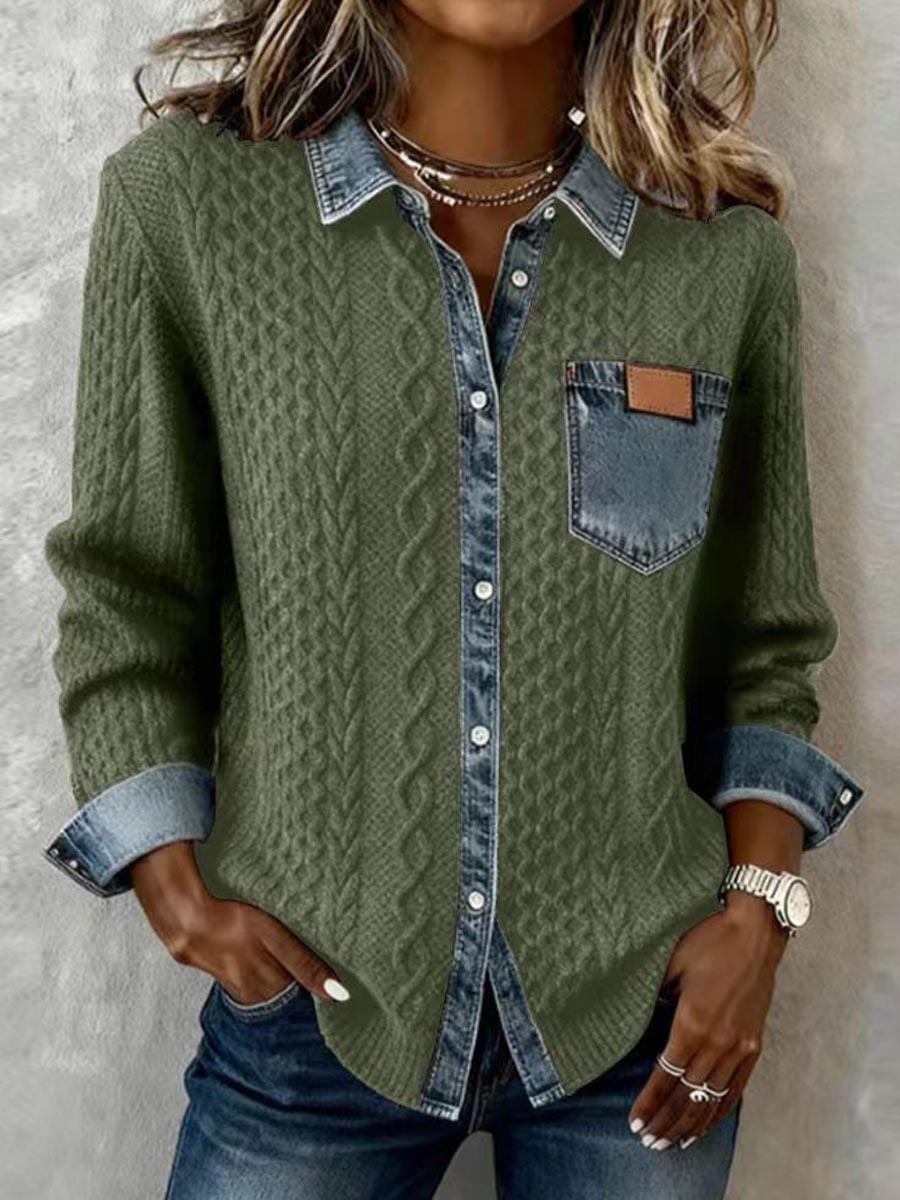 Women's Cable Knit Denim Patchwork Button-down Sweater