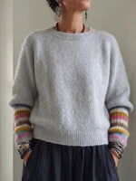 Crew-neck Knit Sweater With Rainbow-striped Cuffs