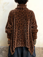 Women's Leopard Print Velvet Cowl Neck Top - Asymmetric Button Front Draped Tunic Blouse