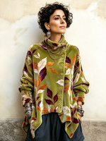 Vintage Leaf Print Asymmetrical Button Turtleneck Top