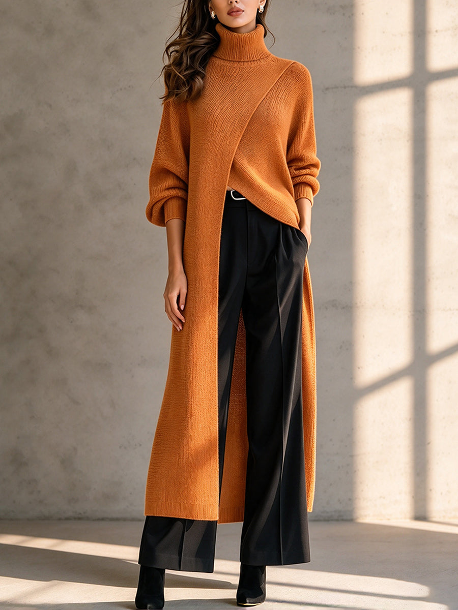 Chic Long-line Knit Top With A Wrap-style High Neck