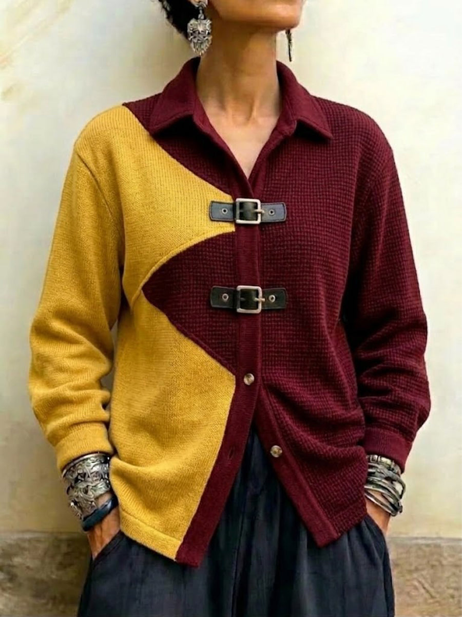 Color-block Knit Cardigan With Leather-buckle Detail And A Fold-over Collar
