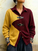 Color-block Knit Cardigan With Leather-buckle Detail And A Fold-over Collar