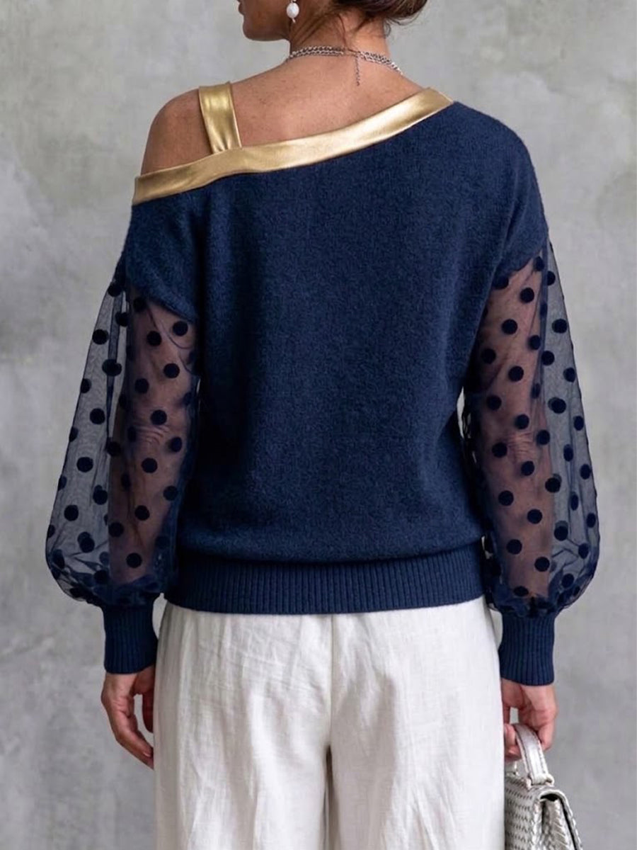 One-shoulder Knit Top With Polka-dot Mesh Paneling