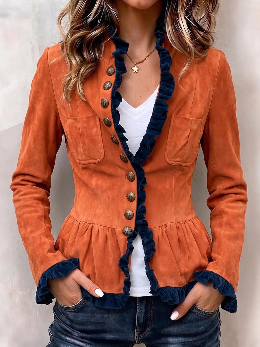 Women's Vintage Suede-Like Peplum Jacket with Ruffle Trim.