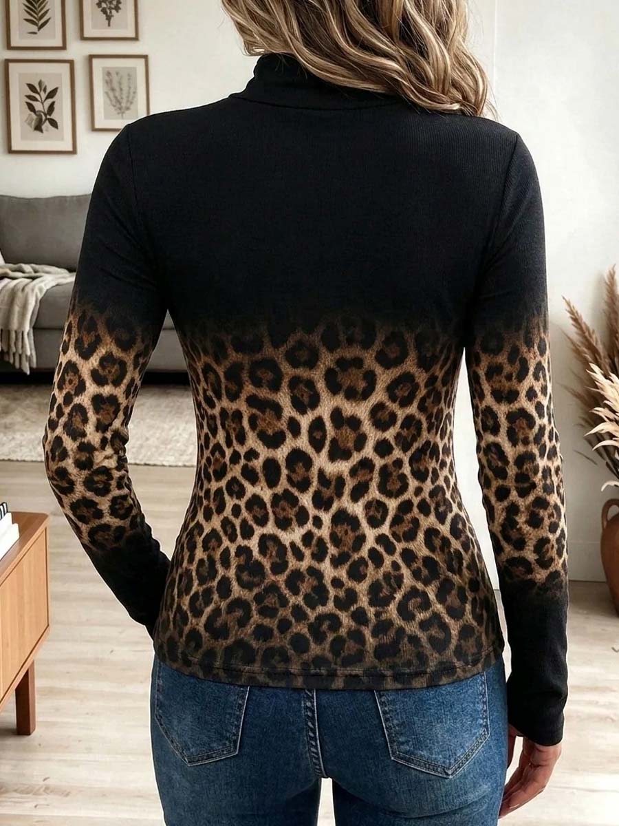 Women's Casual Mock Neck Leopard Print Color Block Long Sleeve Top
