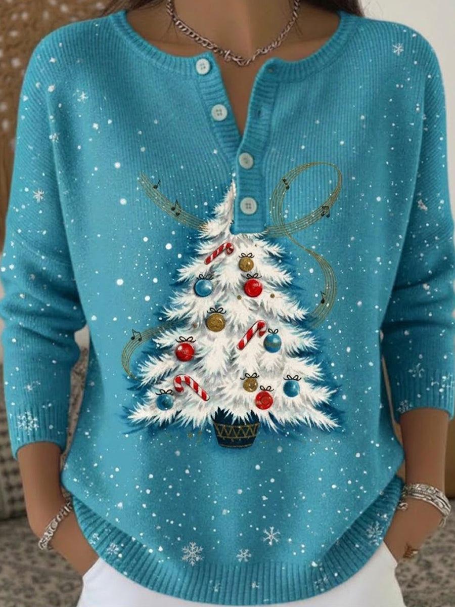 Christmas Tree Print Henley Neck Knit Sweater