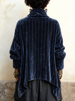 Midnight Navy Striped Crushed Velvet Asymmetric Button Tunic with Funnel Neck