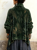 Forest Green Botanical Crushed Velvet Asymmetric Button Tunic with Funnel Neck