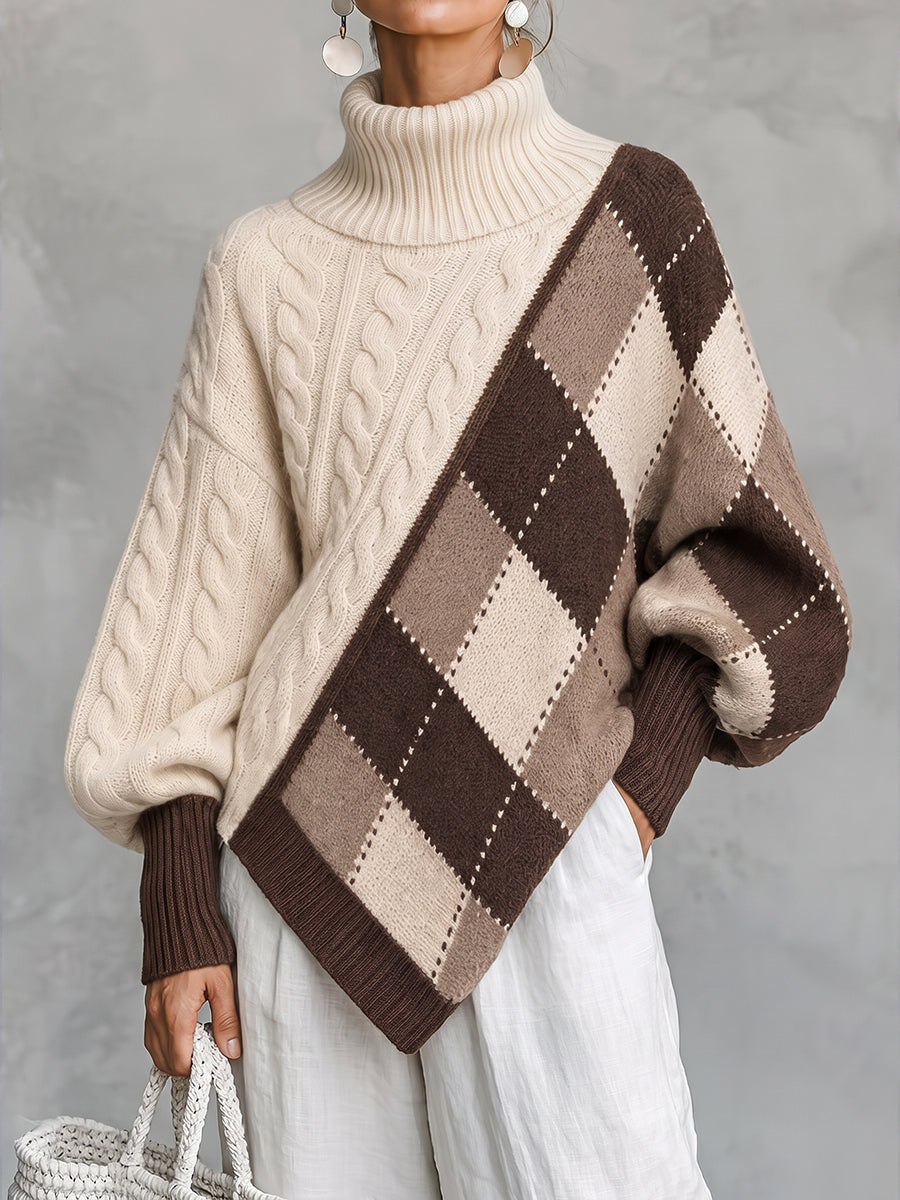 Chic Colorblock Argyle Turtleneck Knit Pullover