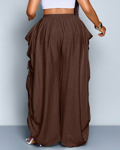 Plus Size Loose-Fit Casual Wide Leg Pants with Waist Tie and Pockets
