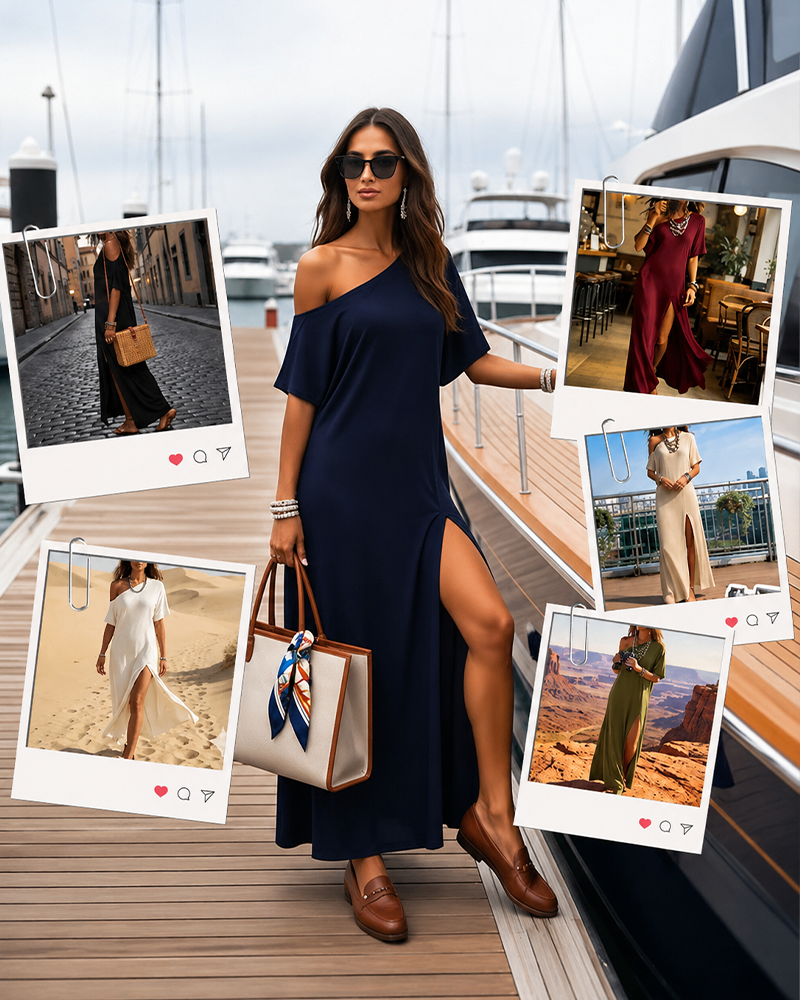 Slash Shoulder Slit Dress