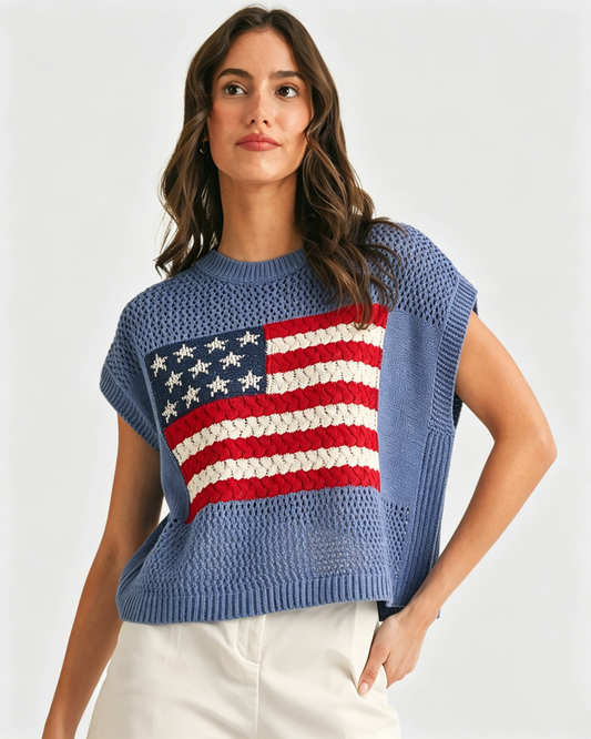 Women's Loose Fit American Flag Short Sleeve Knit Top