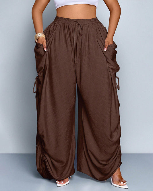 Plus Size Loose-Fit Casual Wide Leg Pants with Waist Tie and Pockets