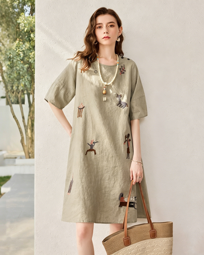 Linen Hand-Embroidered Simple Style Dress