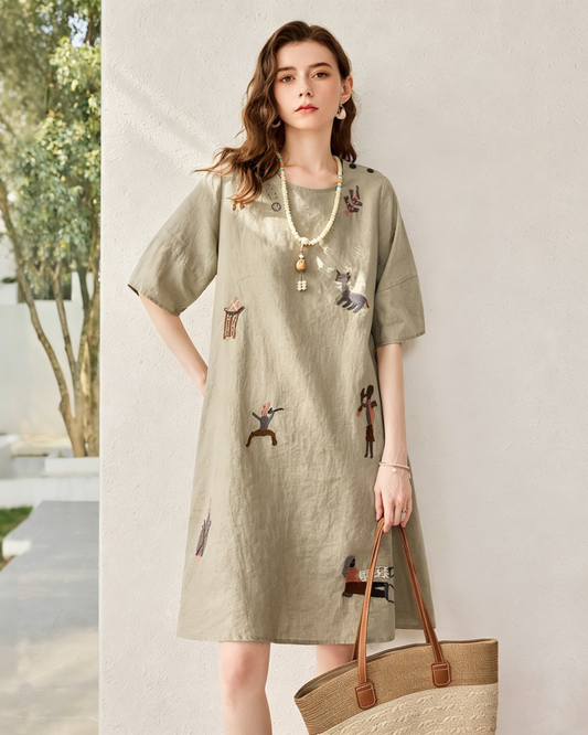 Linen Hand-Embroidered Simple Style Dress