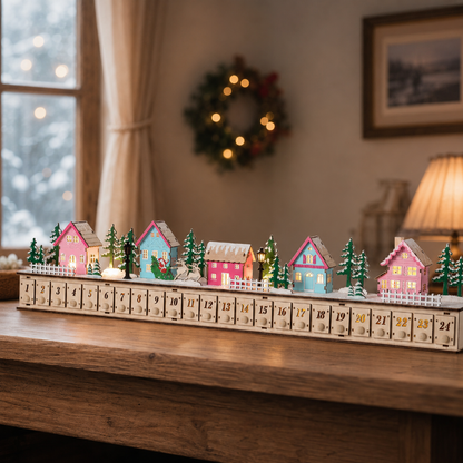 DIY Wooden Christmas Village Advent Calendar with LED Lights, Music & 24 Countdown Drawers