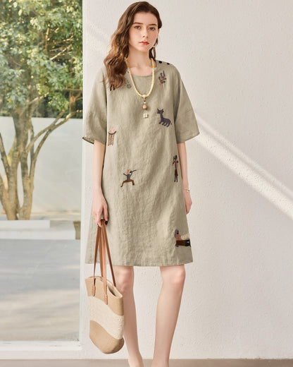 Linen Hand-Embroidered Simple Style Dress
