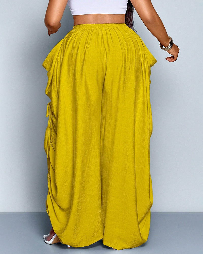 Plus Size Loose-Fit Casual Wide Leg Pants with Waist Tie and Pockets