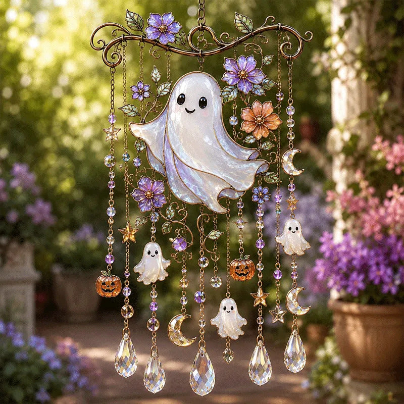 Halloween Glass Suncatcher Wind Chime – Spooky Hanging Window Decor for Home & Garden