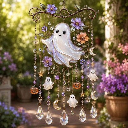 Halloween Glass Suncatcher Wind Chime – Spooky Hanging Window Decor for Home & Garden