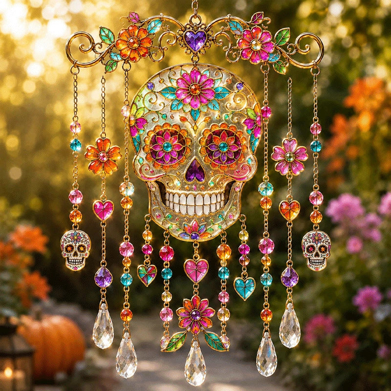 Halloween Glass Suncatcher Wind Chime – Spooky Hanging Window Decor for Home & Garden