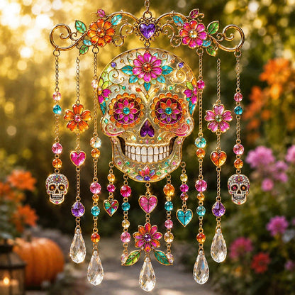 Halloween Glass Suncatcher Wind Chime – Spooky Hanging Window Decor for Home & Garden