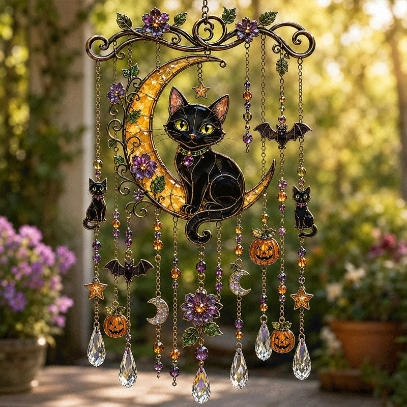 Halloween Glass Suncatcher Wind Chime – Spooky Hanging Window Decor for Home & Garden