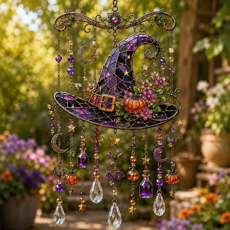 Halloween Glass Suncatcher Wind Chime – Spooky Hanging Window Decor for Home & Garden
