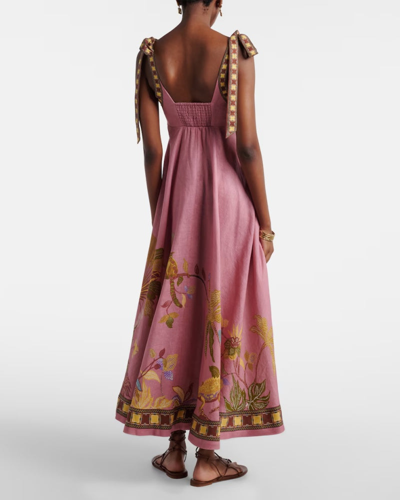 2026 Women's Linen-Blend Embroidered Midi Dress