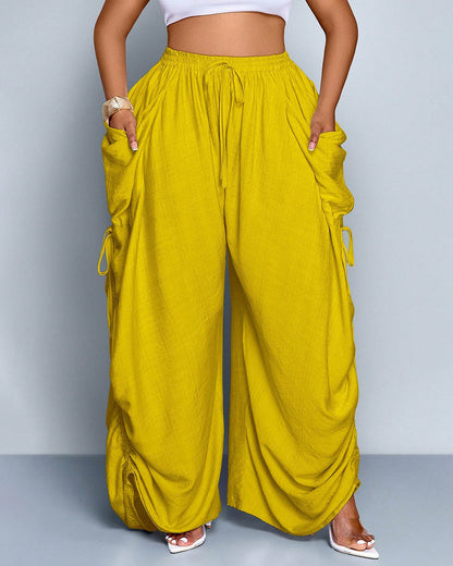 Plus Size Loose-Fit Casual Wide Leg Pants with Waist Tie and Pockets