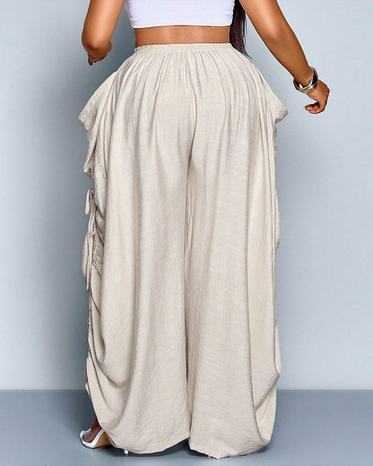 Plus Size Loose-Fit Casual Wide Leg Pants with Waist Tie and Pockets
