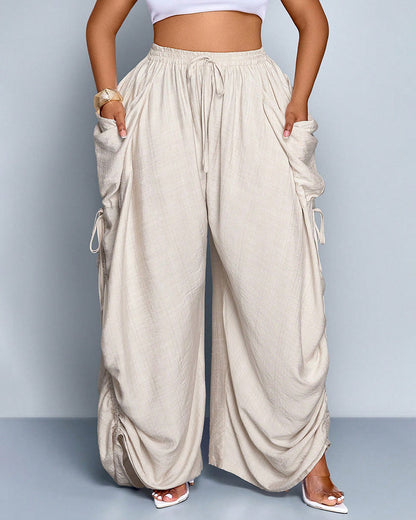 Plus Size Loose-Fit Casual Wide Leg Pants with Waist Tie and Pockets