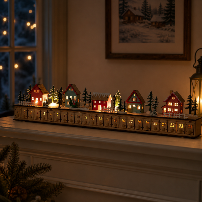 DIY Wooden Christmas Village Advent Calendar with LED Lights, Music & 24 Countdown Drawers
