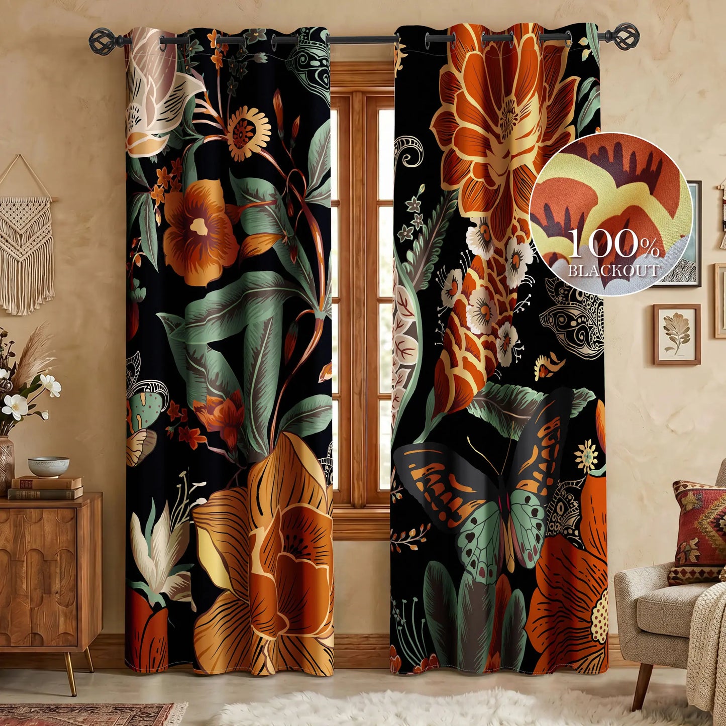 Boho Floral Blackout Curtains - 2 Panels for Bedroom