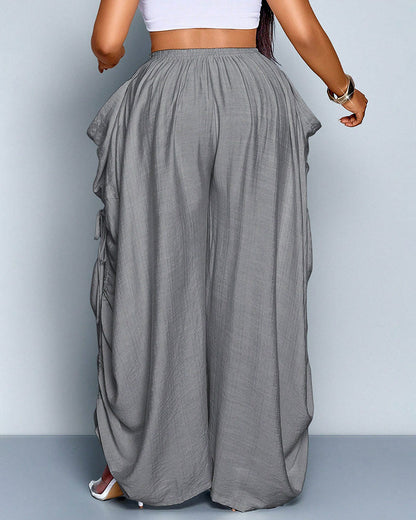 Plus Size Loose-Fit Casual Wide Leg Pants with Waist Tie and Pockets