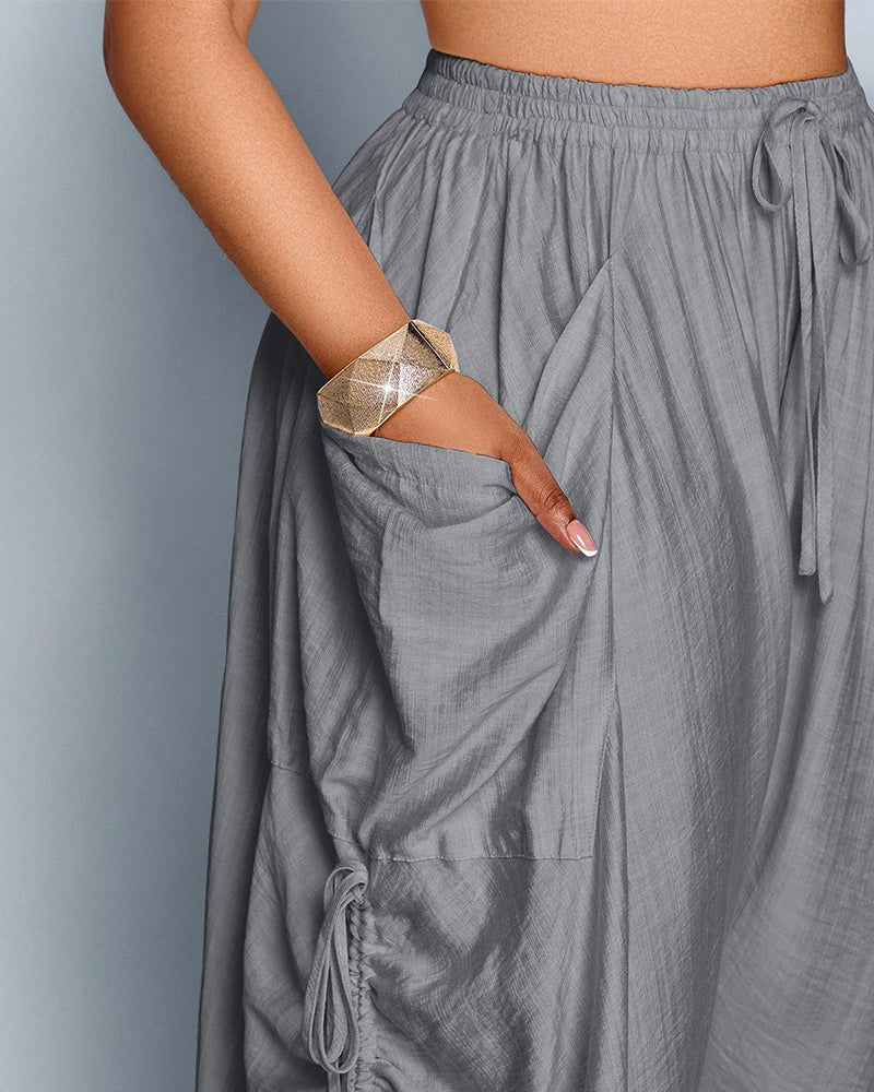 Plus Size Loose-Fit Casual Wide Leg Pants with Waist Tie and Pockets