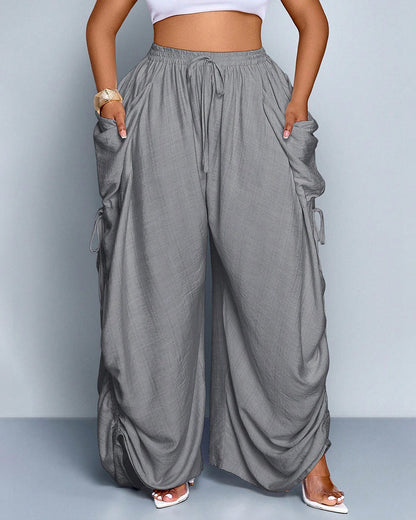 Plus Size Loose-Fit Casual Wide Leg Pants with Waist Tie and Pockets