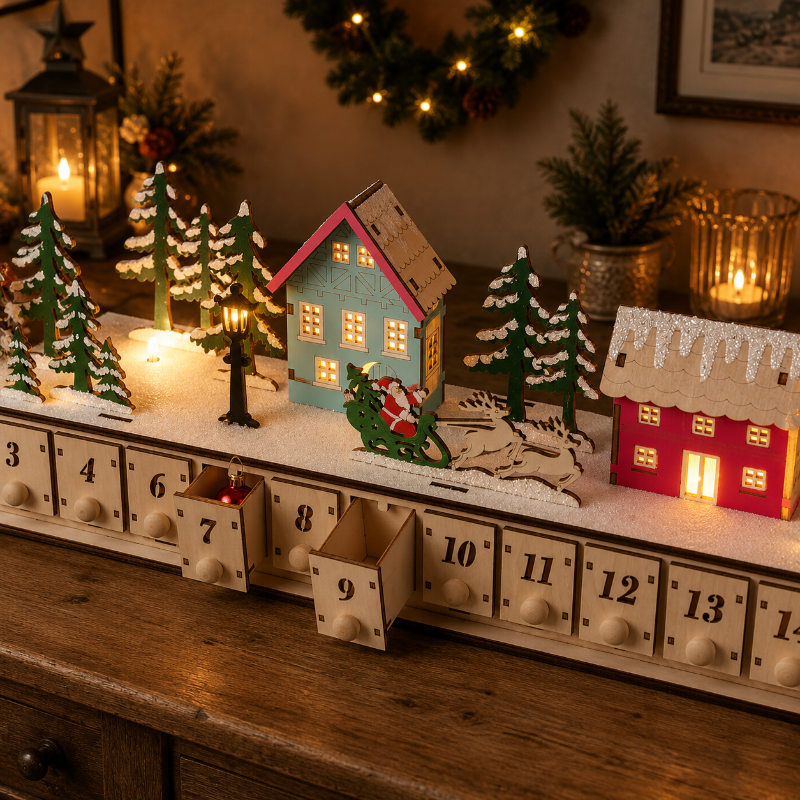 DIY Wooden Christmas Village Advent Calendar with LED Lights, Music & 24 Countdown Drawers