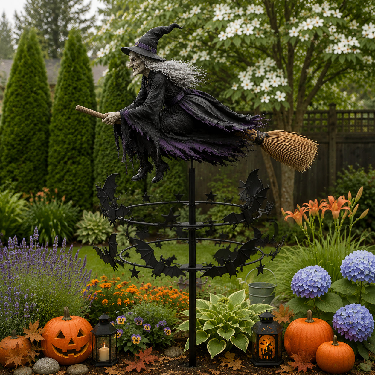 🧙‍♀️ Flying Witch & Bats Garden Wind Spinner