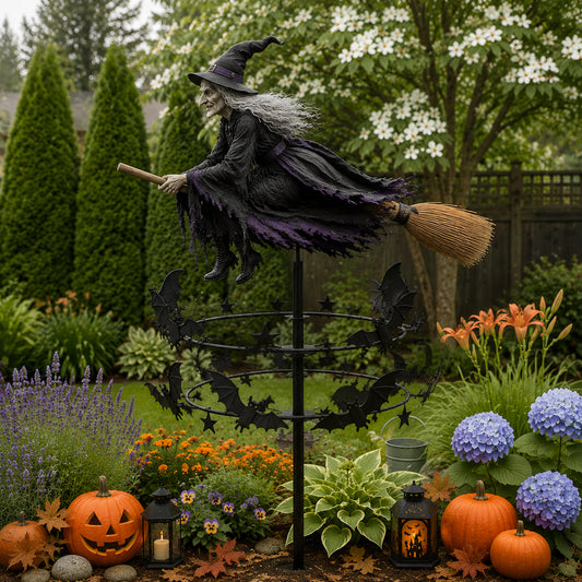 🧙‍♀️ Flying Witch & Bats Garden Wind Spinner