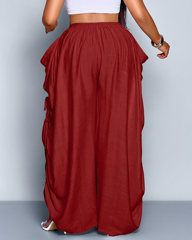 Plus Size Loose-Fit Casual Wide Leg Pants with Waist Tie and Pockets