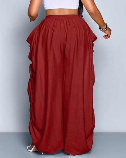 Plus Size Loose-Fit Casual Wide Leg Pants with Waist Tie and Pockets