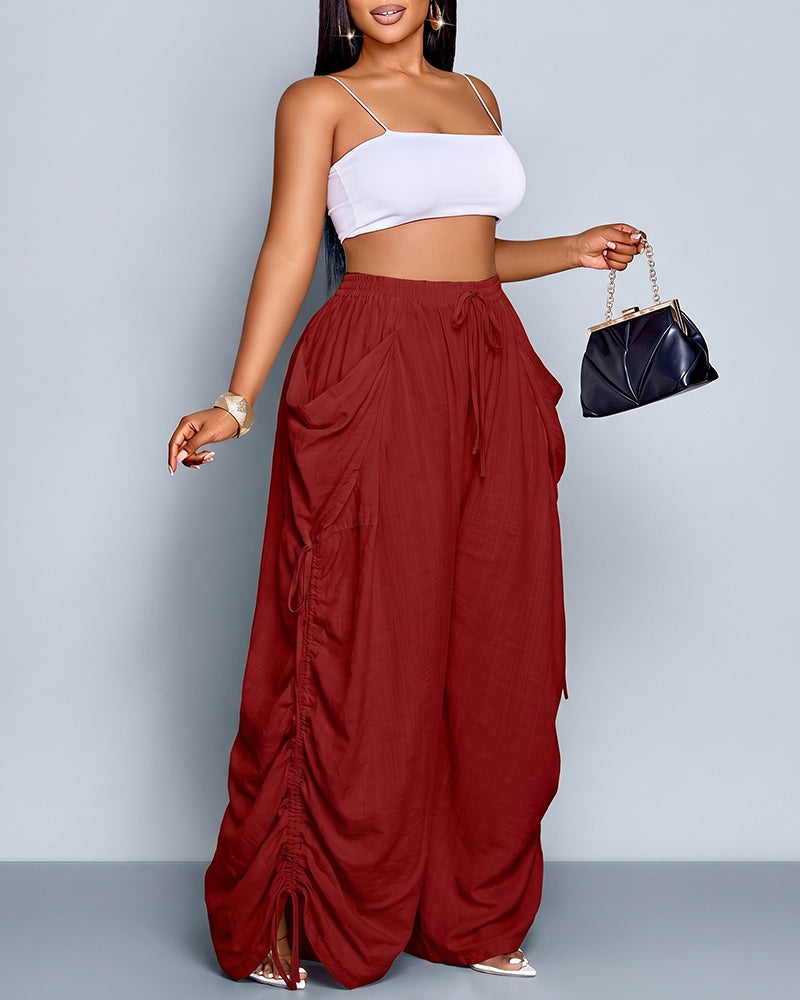 Plus Size Loose-Fit Casual Wide Leg Pants with Waist Tie and Pockets